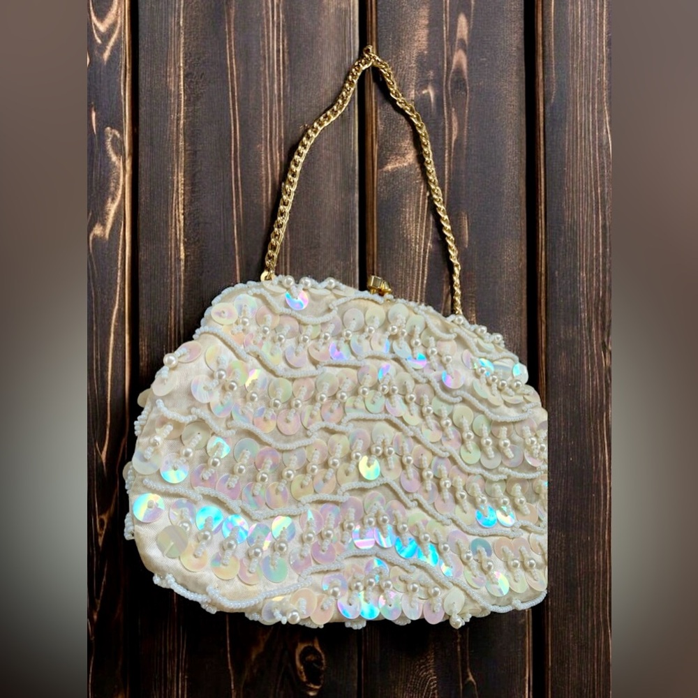 Iridescent Satin Sequin Chain Clutch Mini White Beaded Sequins Bag Gold - Picture 5 of 7